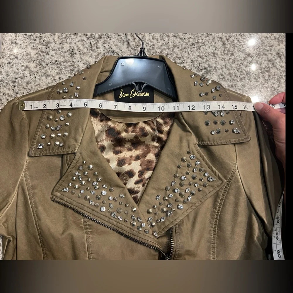 Sam Edelman Studded Distressed Tan/Brown Moto Jacket With Leopard Print Lining